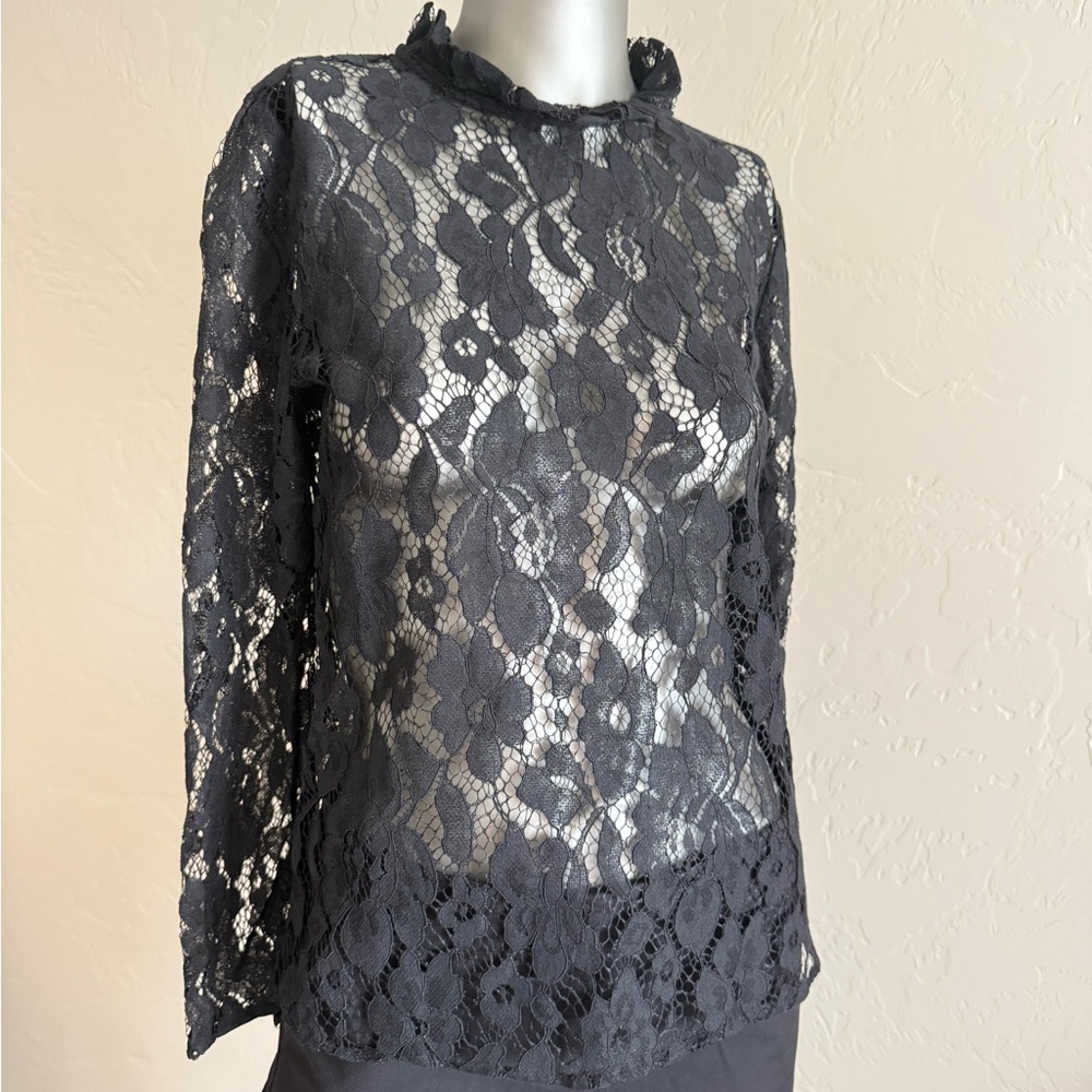 Notations Sheer Black Lace Fairy‎ Whimsigoth Long Sleeved Top w/ Ruffle Neck NWT